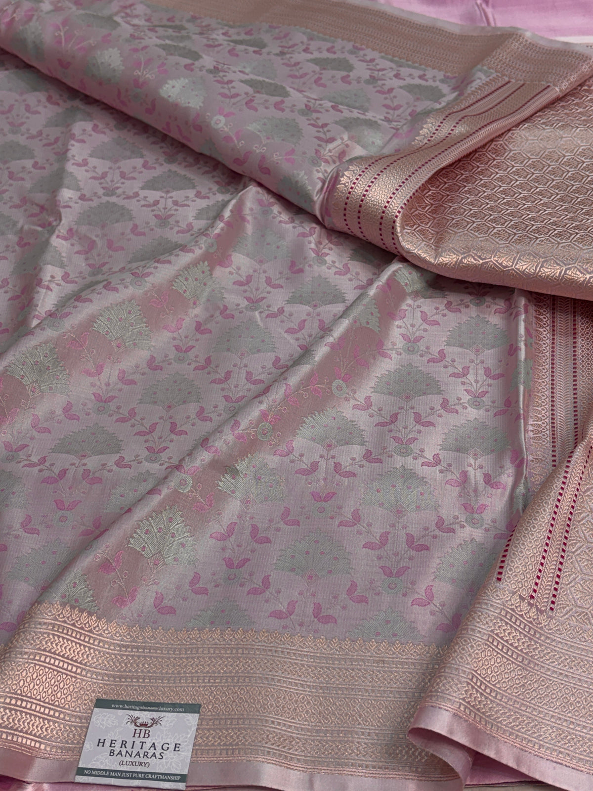 Pastel Pink Handwoven Pure Banarasi Satin Tanchoi Saree