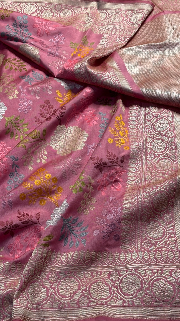 Dusty Rose Pink Pure Banarasi Ektara  Silk Handwoven Saree