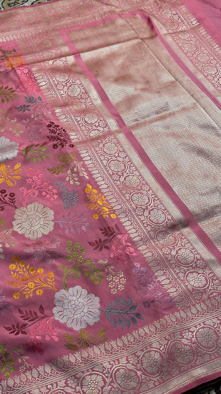 Dusty Rose Pink Pure Banarasi Ektara  Silk Handwoven Saree