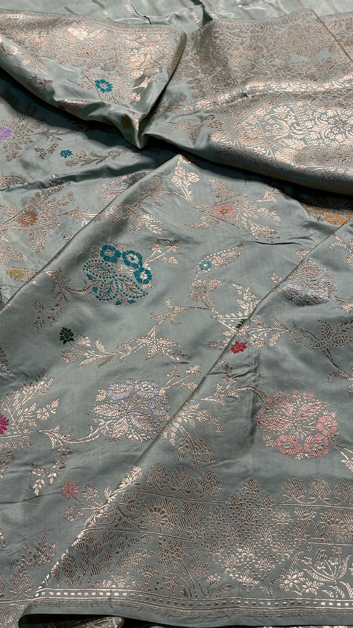 Dusty Sage Green Banarasi Katan Silk Handwoven Saree