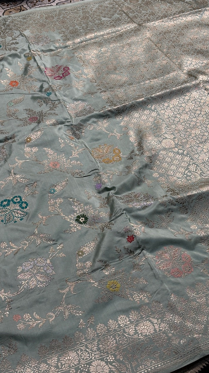 Dusty Sage Green Banarasi Katan Silk Handwoven Saree