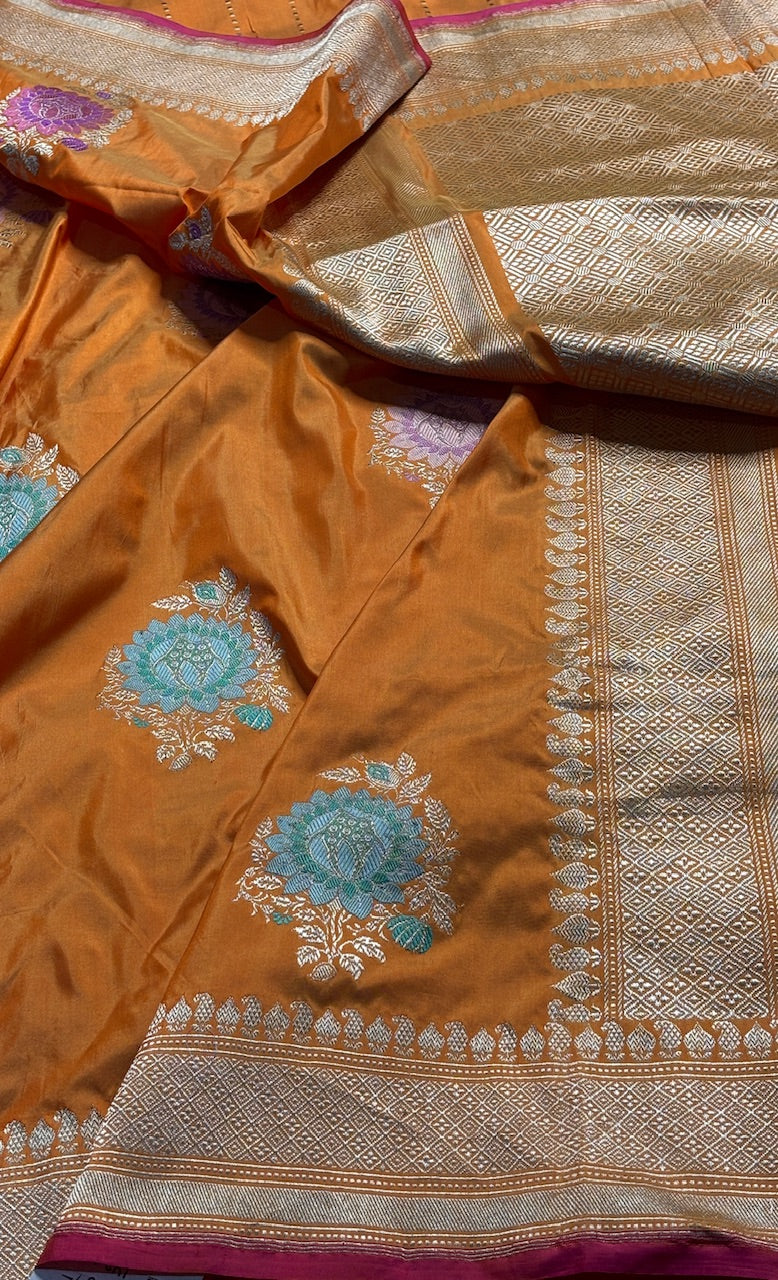 Orange Banarasi Katan Silk Handwoven Saree