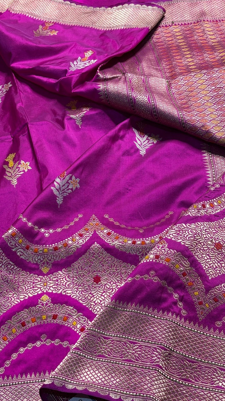 Flrocent Pink Banarasi Katan Silk Handwoven Saree