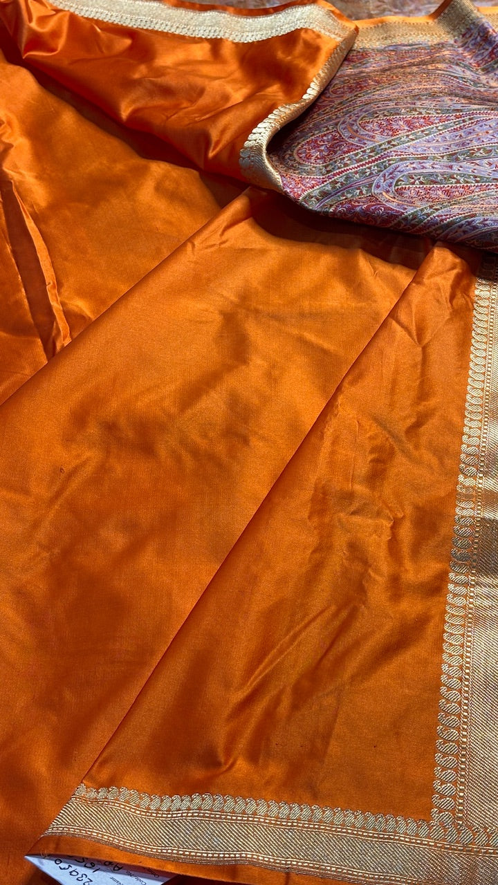Orange Pure Satin Silk Jamawar Handwoven Banarasi Saree