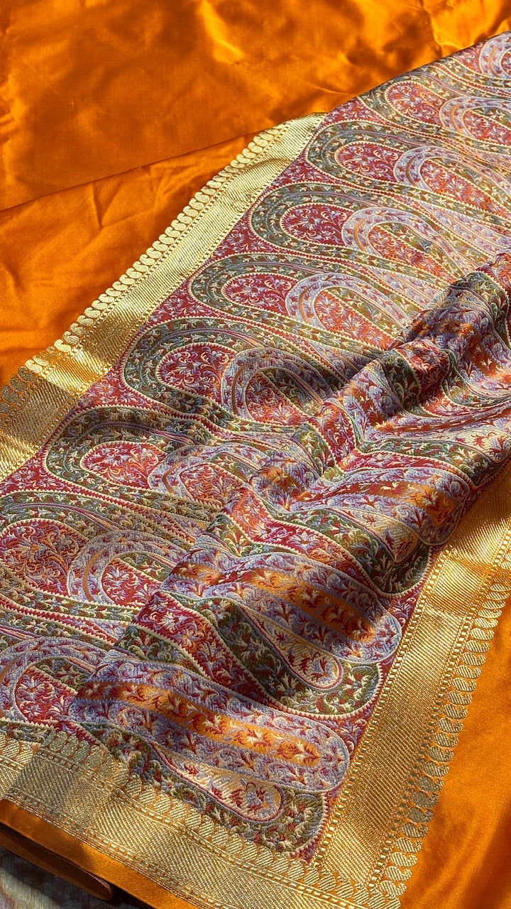 Orange Pure Satin Silk Jamawar Handwoven Banarasi Saree