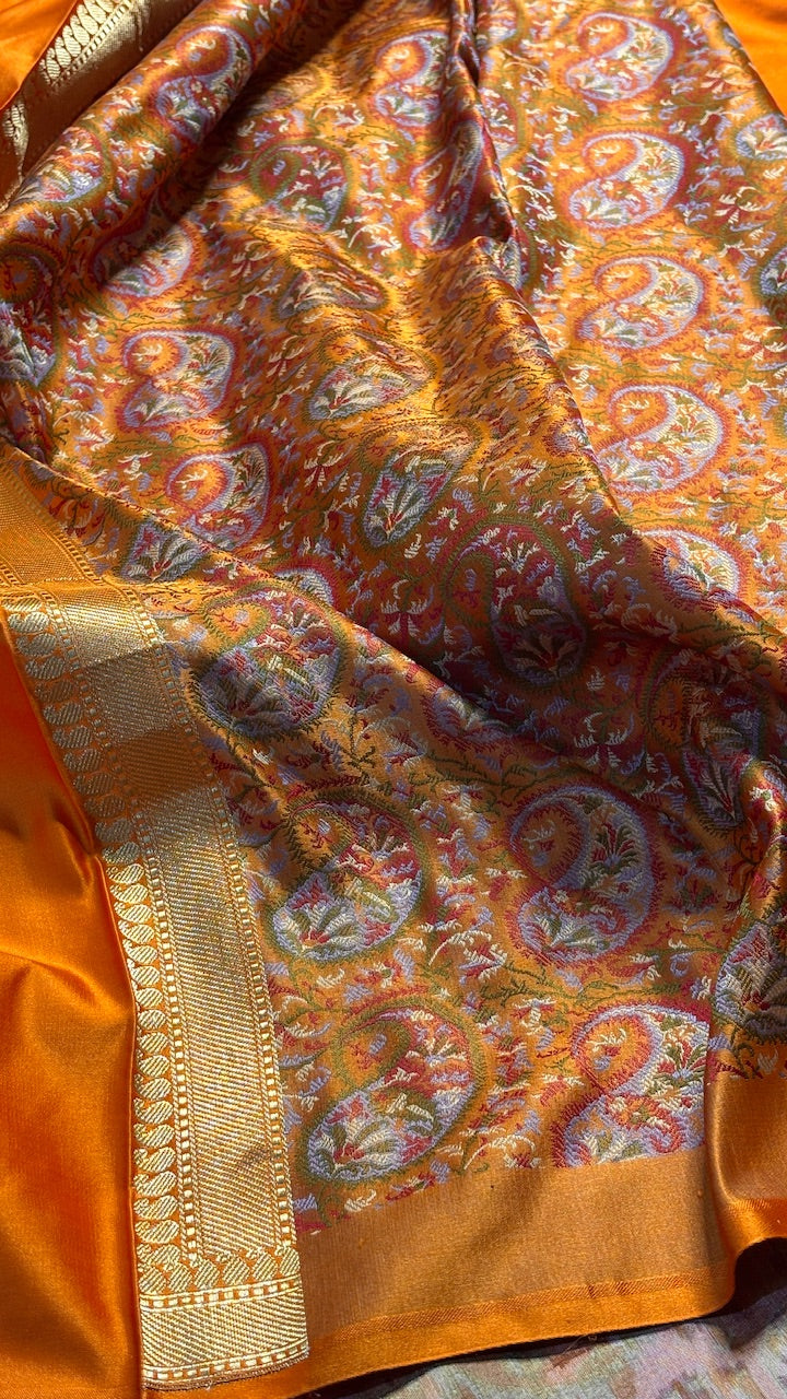 Orange Pure Satin Silk Jamawar Handwoven Banarasi Saree