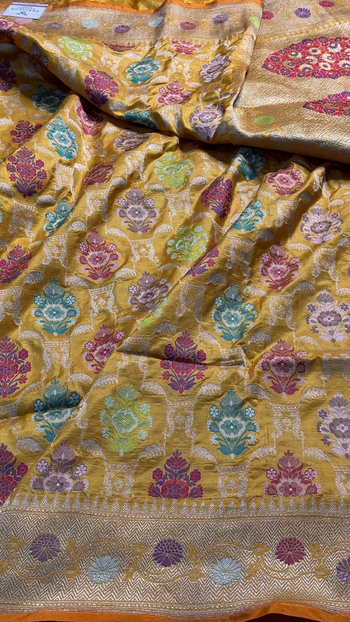 Musterd Yellow Pure Meenakari Banarasi Katan Silk Saree