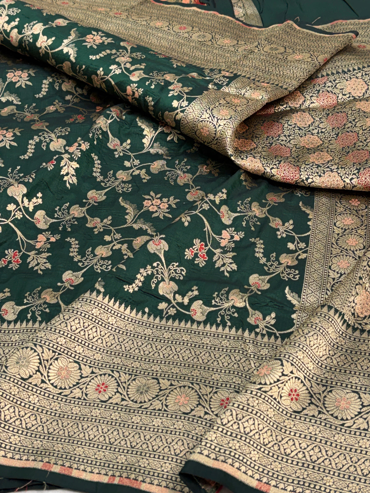 Bottle Green Pure Banarasi Katan Silk Saree