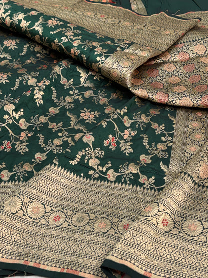 Bottle Green Pure Banarasi Katan Silk Saree