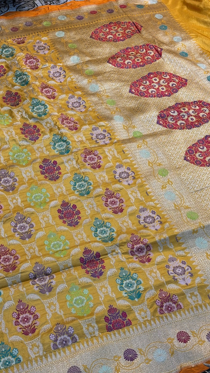 Musterd Yellow Pure Meenakari Banarasi Katan Silk Saree