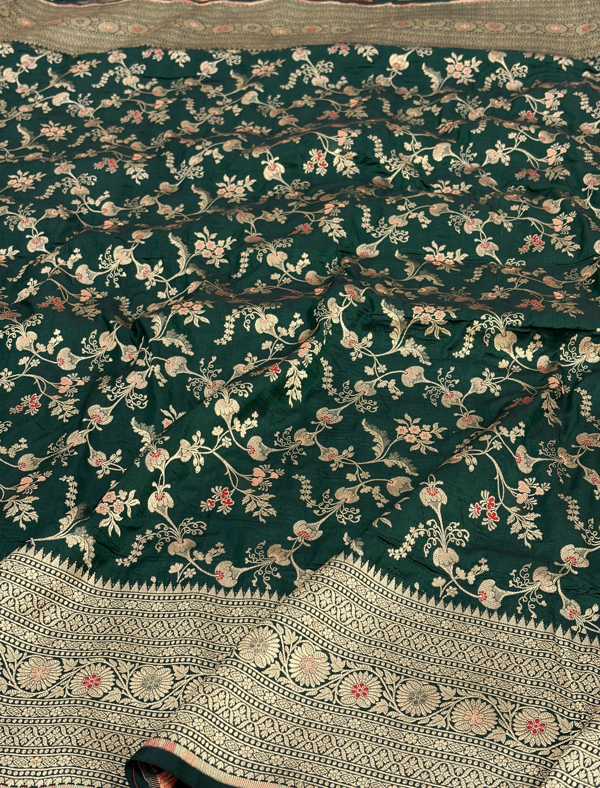 Bottle Green Pure Banarasi Katan Silk Saree