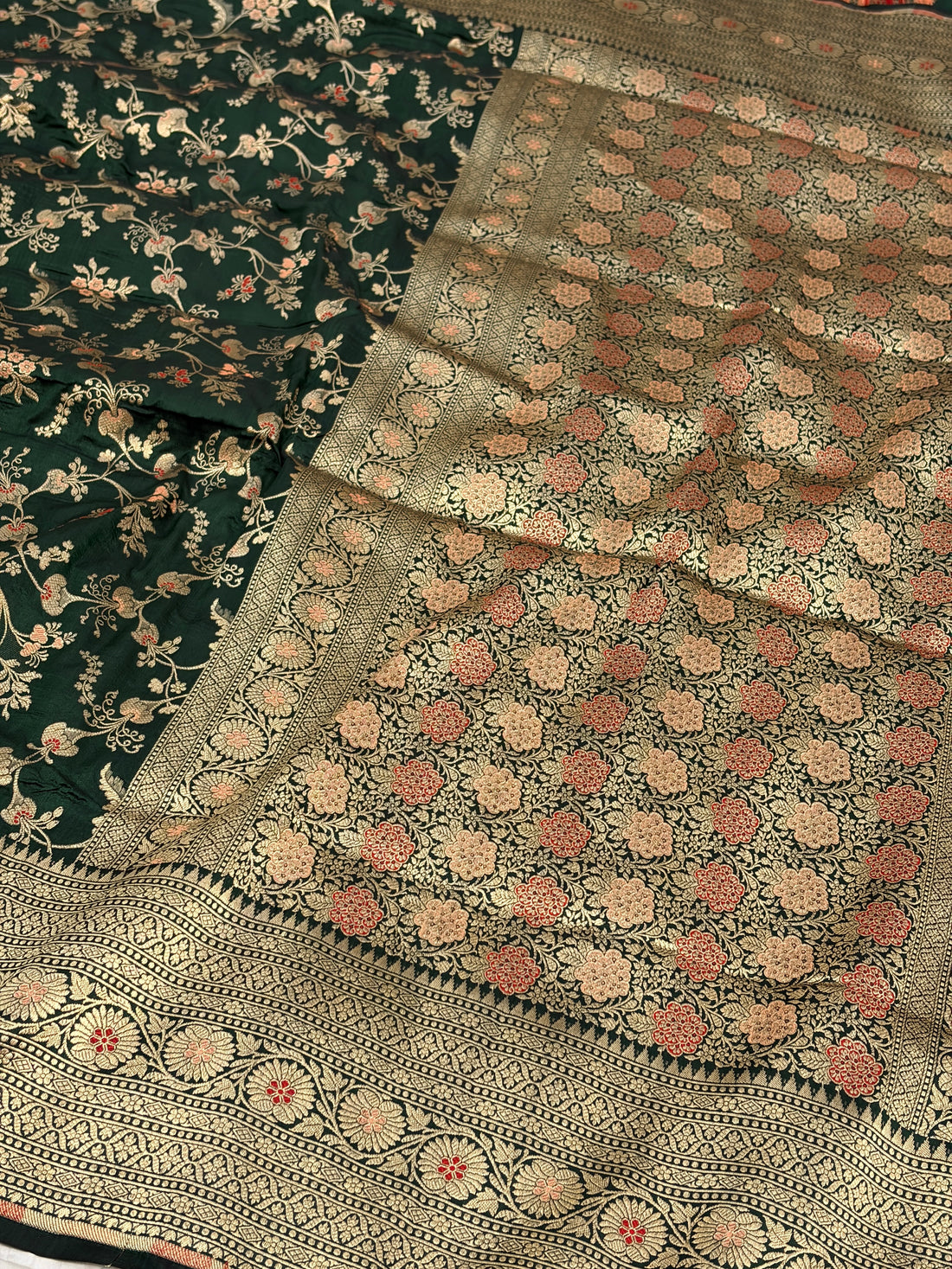 Bottle Green Pure Banarasi Katan Silk Saree