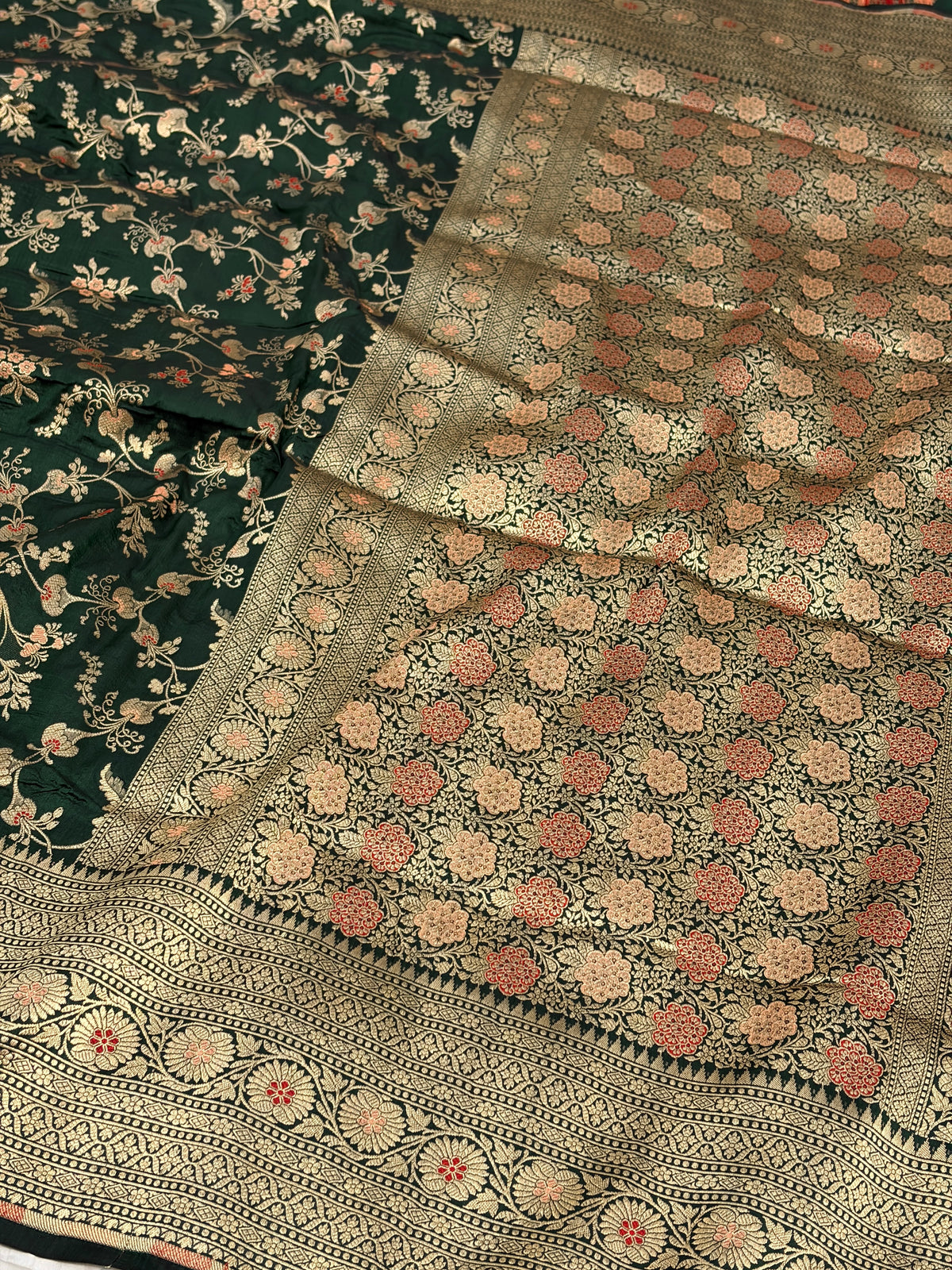 Bottle Green Pure Banarasi Katan Silk Saree
