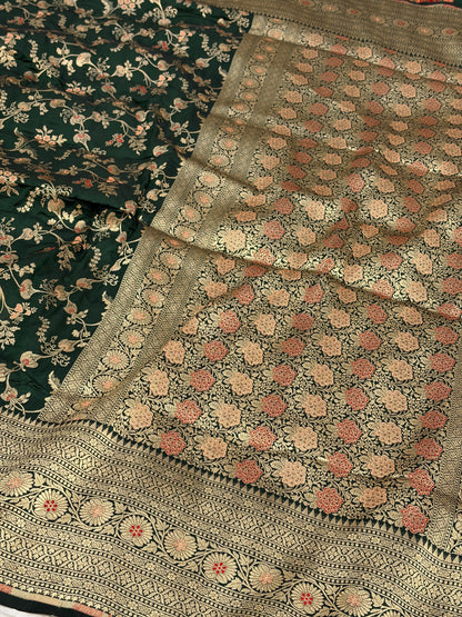 Bottle Green Pure Banarasi Katan Silk Saree