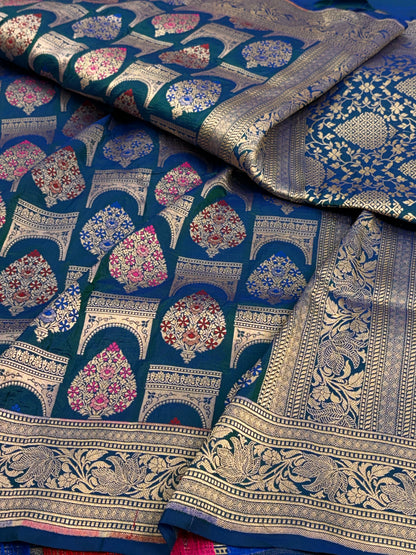 Peacock Blue Pure Banarasi Katan Silk Saree
