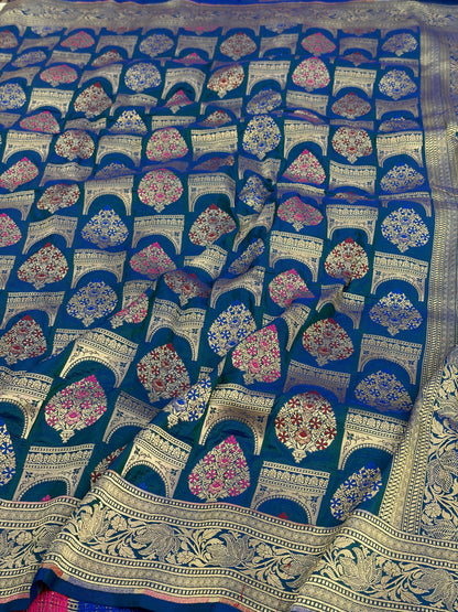 Peacock Blue Pure Banarasi Katan Silk Saree