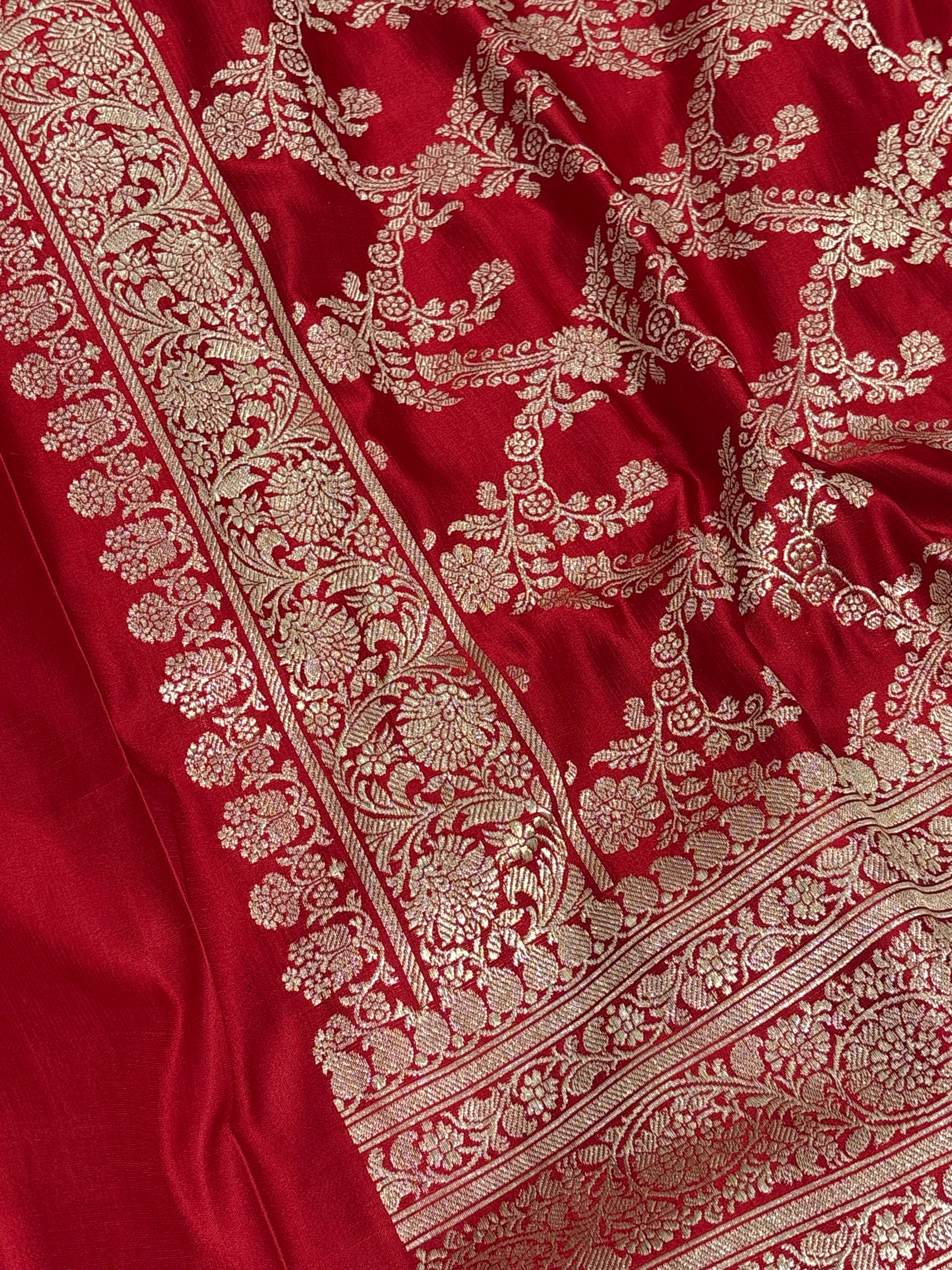 Red Handloom Pure Satin Silk Banarasi Saree