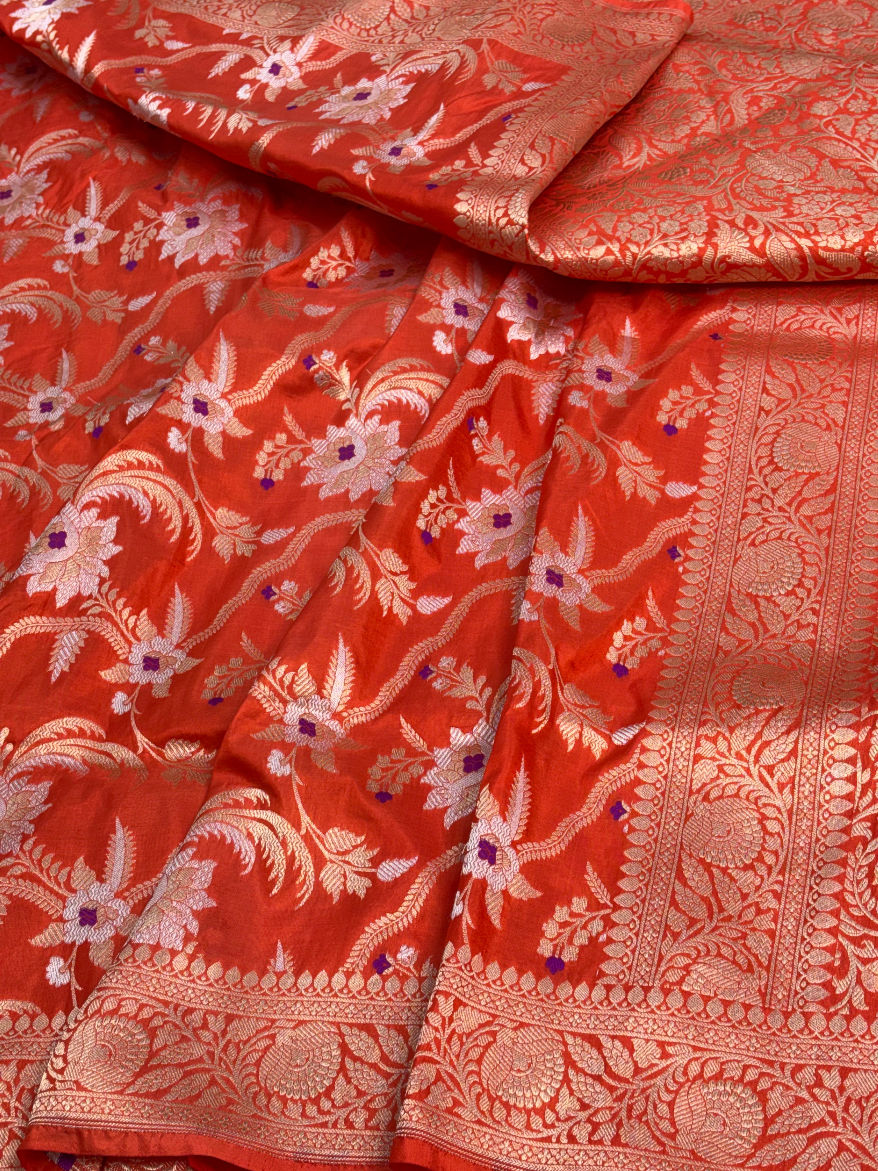 Orange Handwoven Banarasi Pure Katan Silk Meenakari Jaal Weaving saree