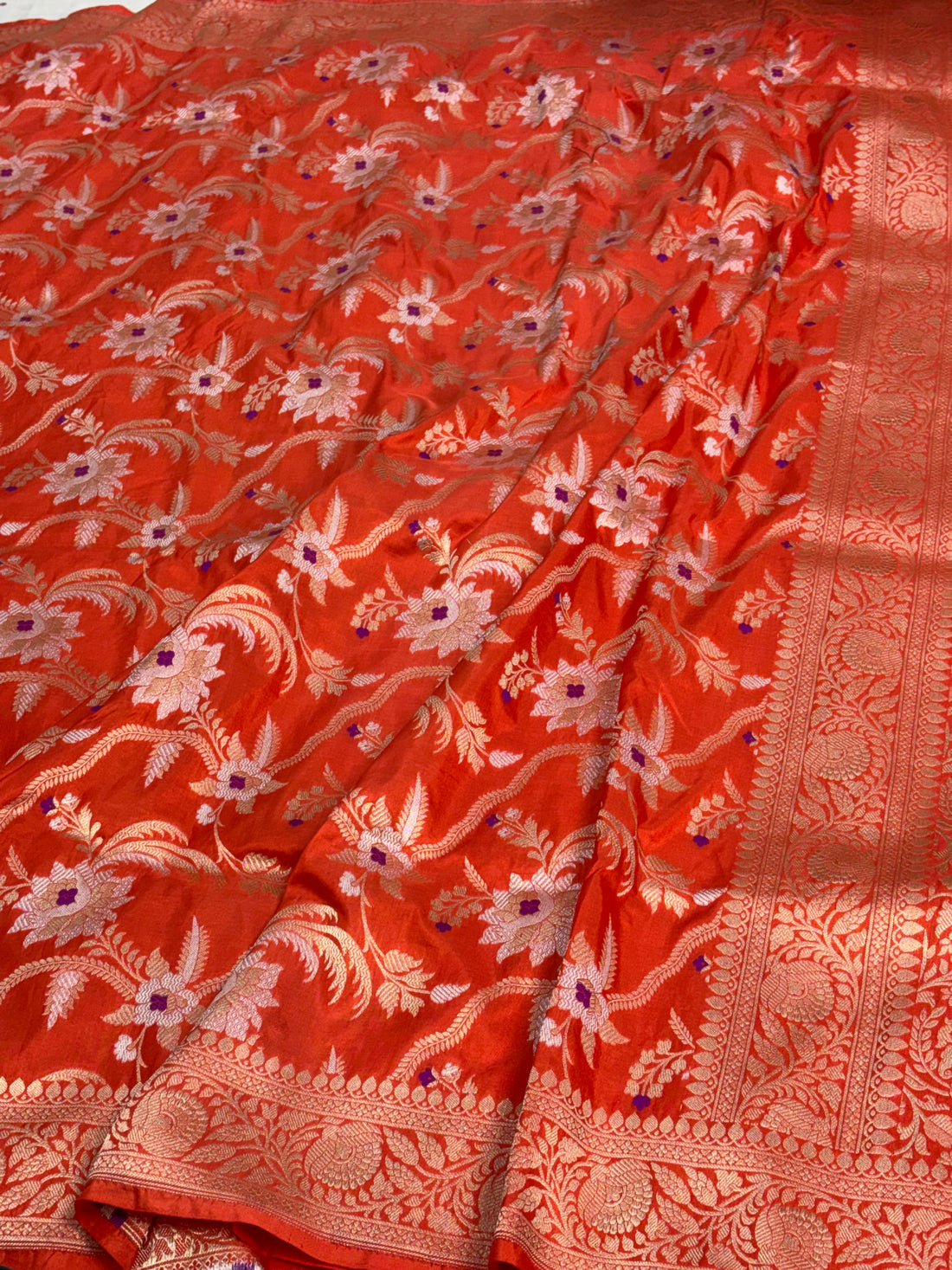 Orange Handwoven Banarasi Pure Katan Silk Meenakari Jaal Weaving saree