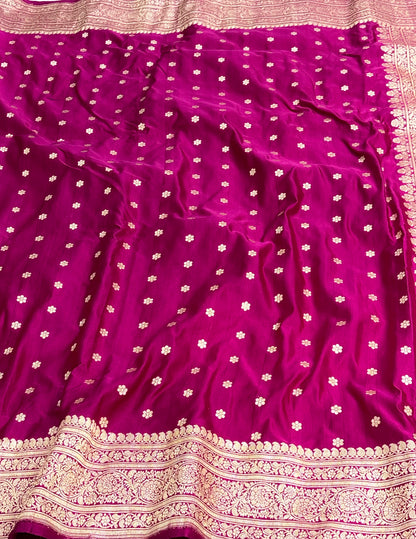 Rani Pink Handwoven Banarasi Satin Silk Saree with Chunri Buti