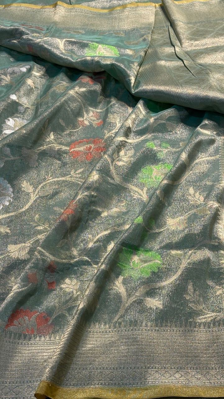 Sage Green Tissue Banarasi Silk Handwoven Saree