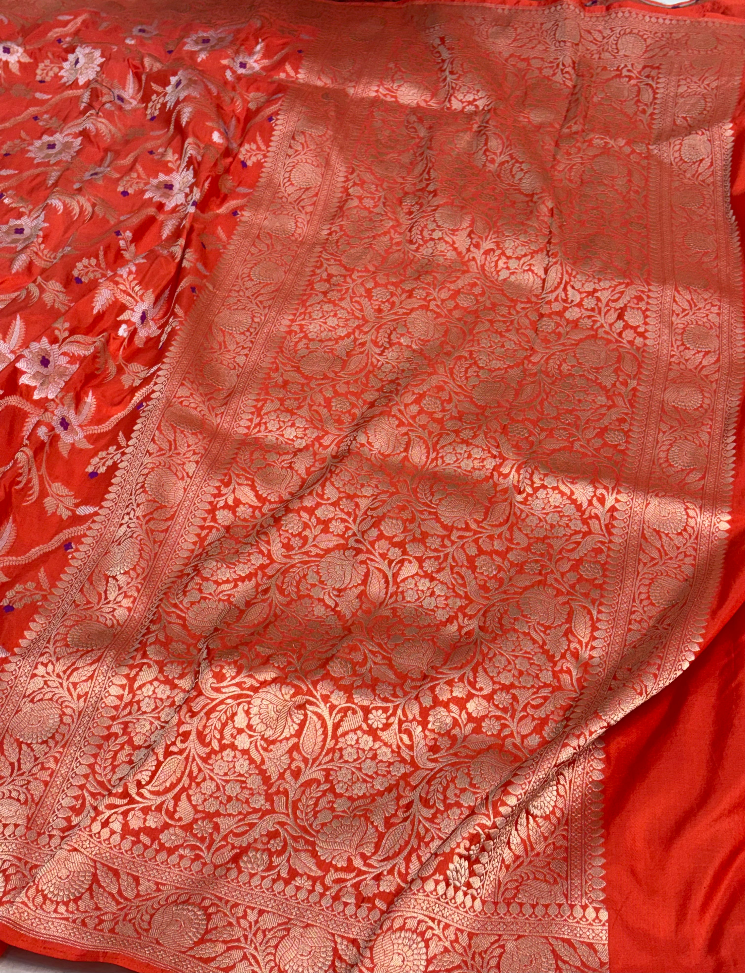 Orange Handwoven Banarasi Pure Katan Silk Meenakari Jaal Weaving saree