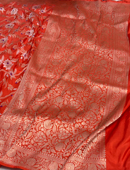 Orange Handwoven Banarasi Pure Katan Silk Meenakari Jaal Weaving saree
