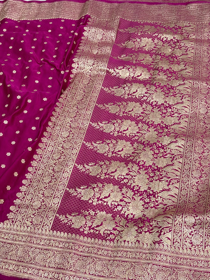Rani Pink Handwoven Banarasi Satin Silk Saree with Chunri Buti