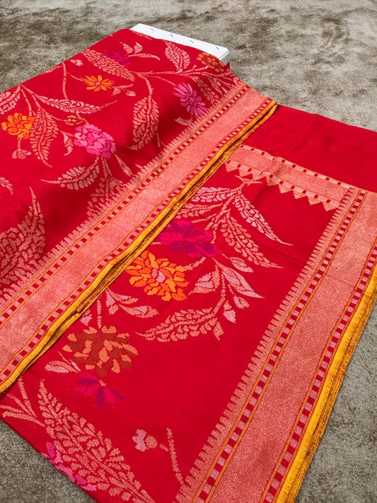 Red Jamdani Banarasi Katan Silk Ektara Saree