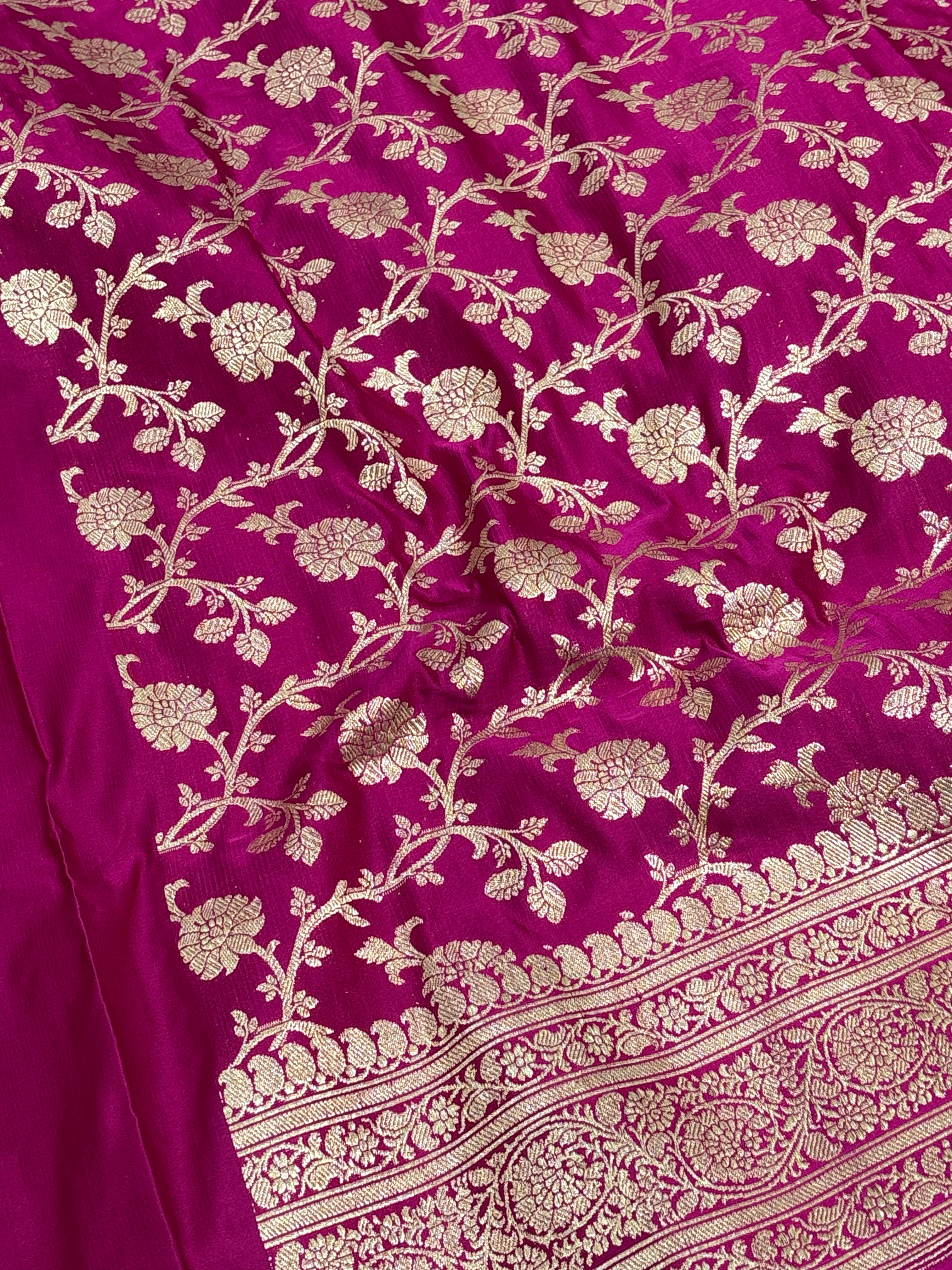Rani Pink Handwoven Banarasi Satin Silk Saree with Chunri Buti