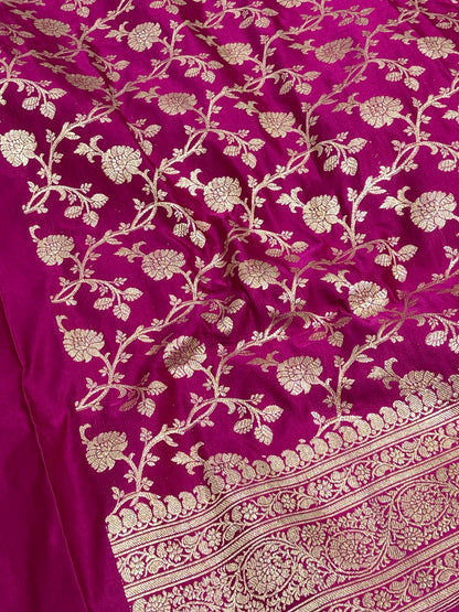 Rani Pink Handwoven Banarasi Satin Silk Saree with Chunri Buti
