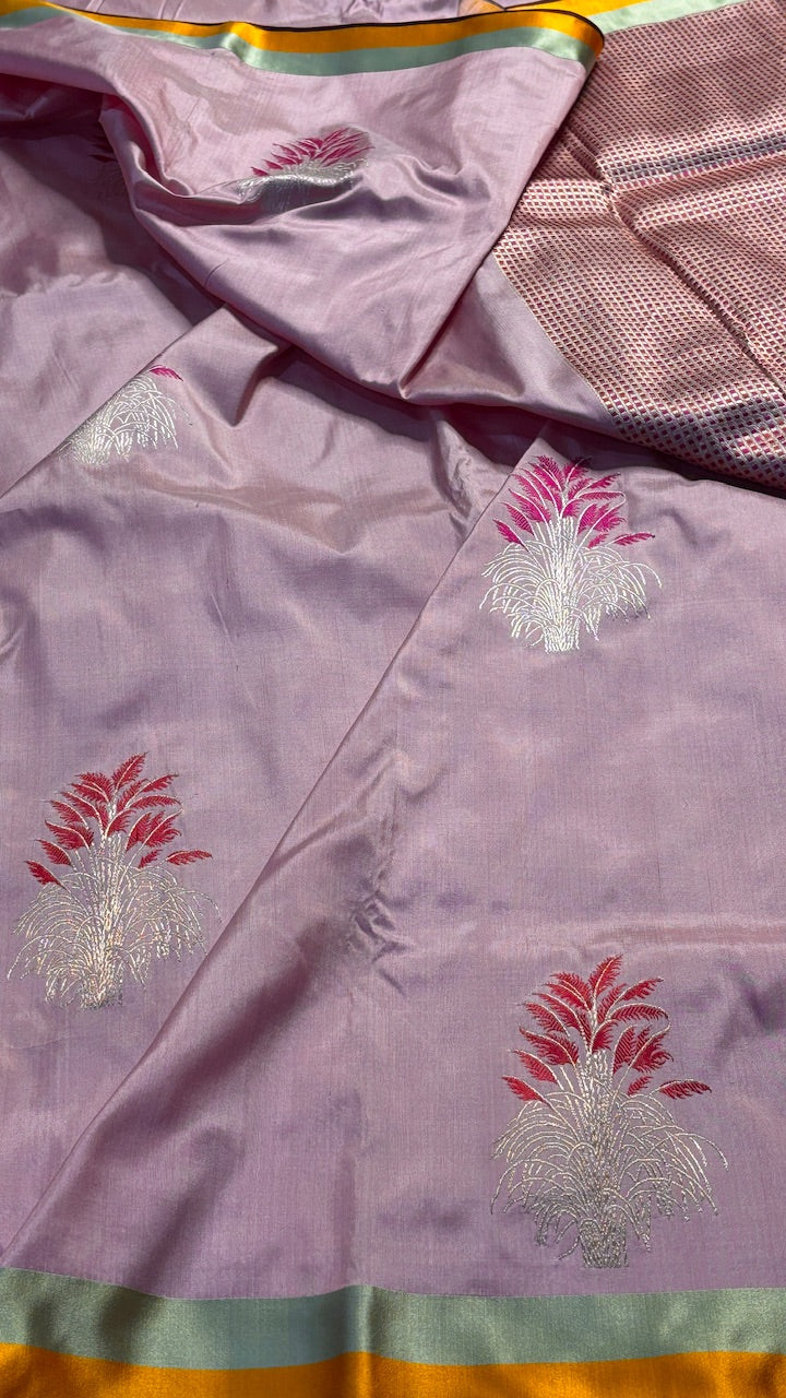 Baby Pink Pure Satin Silk Handwoven Banarasi Saree