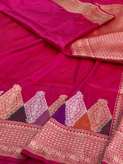 Rani Pink Handwoven Pure Banarasi Katan Silk Saree with Rangkat Border