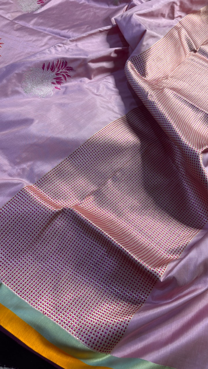 Baby Pink Pure Satin Silk Handwoven Banarasi Saree