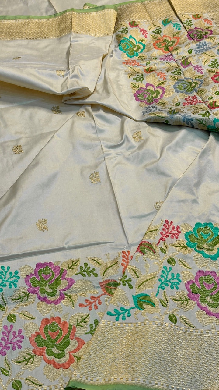 Ivory Banarasi Katan Silk Handwoven Saree