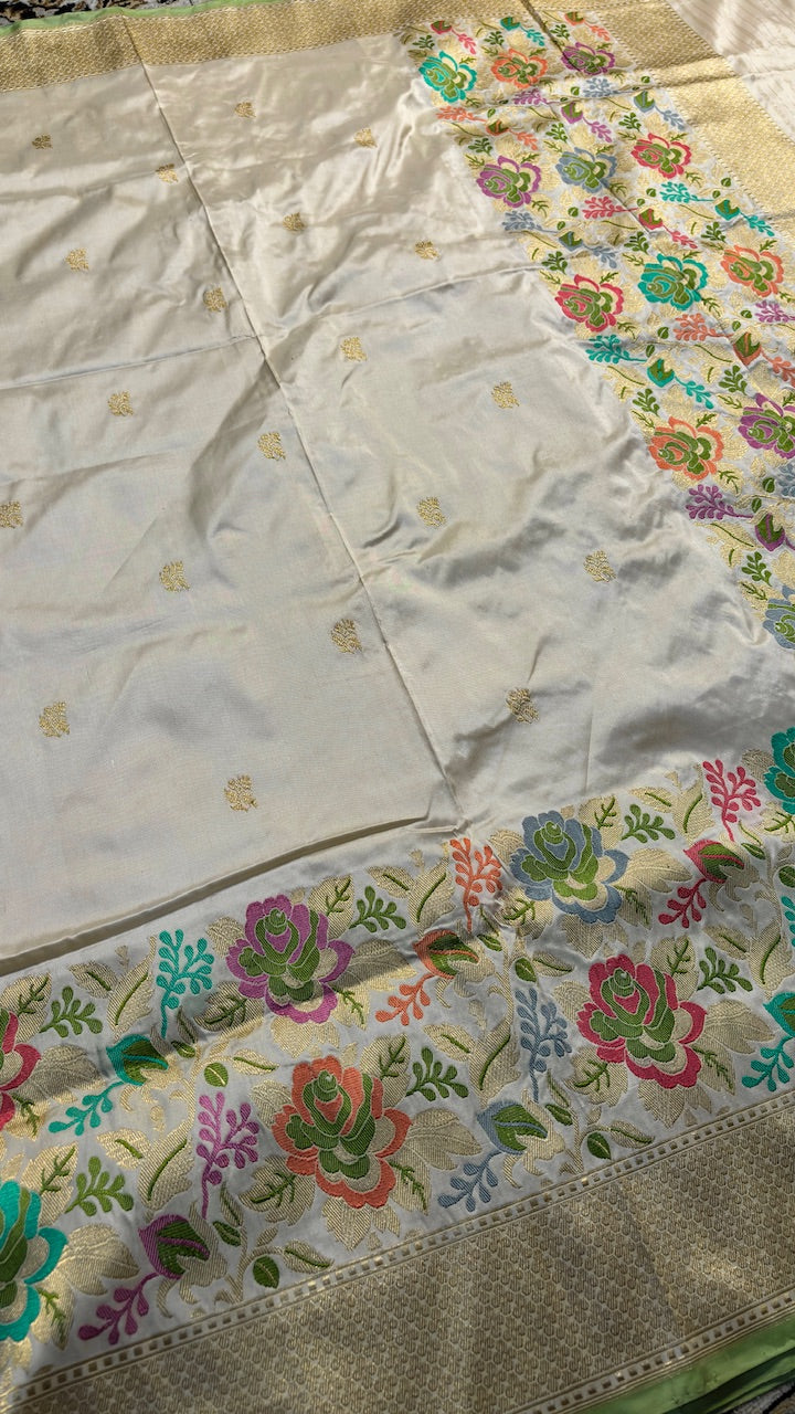 Ivory Banarasi Katan Silk Handwoven Saree