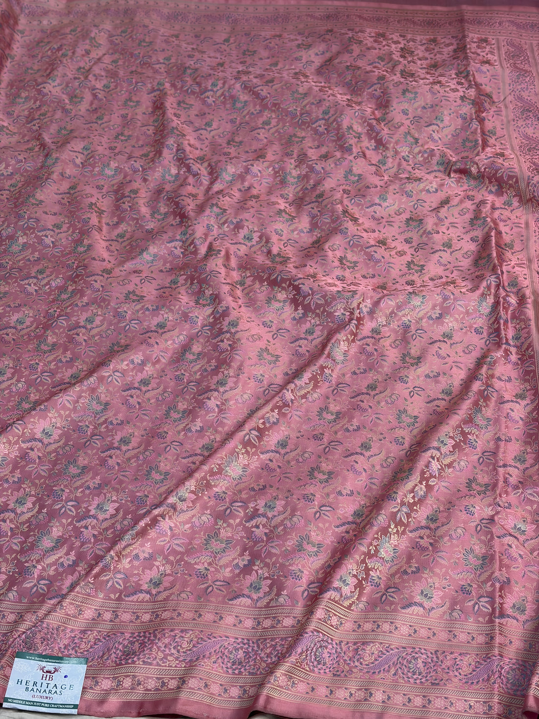 Peach Handwoven Pure Banarasi Satin Tanchoi Silk Saree