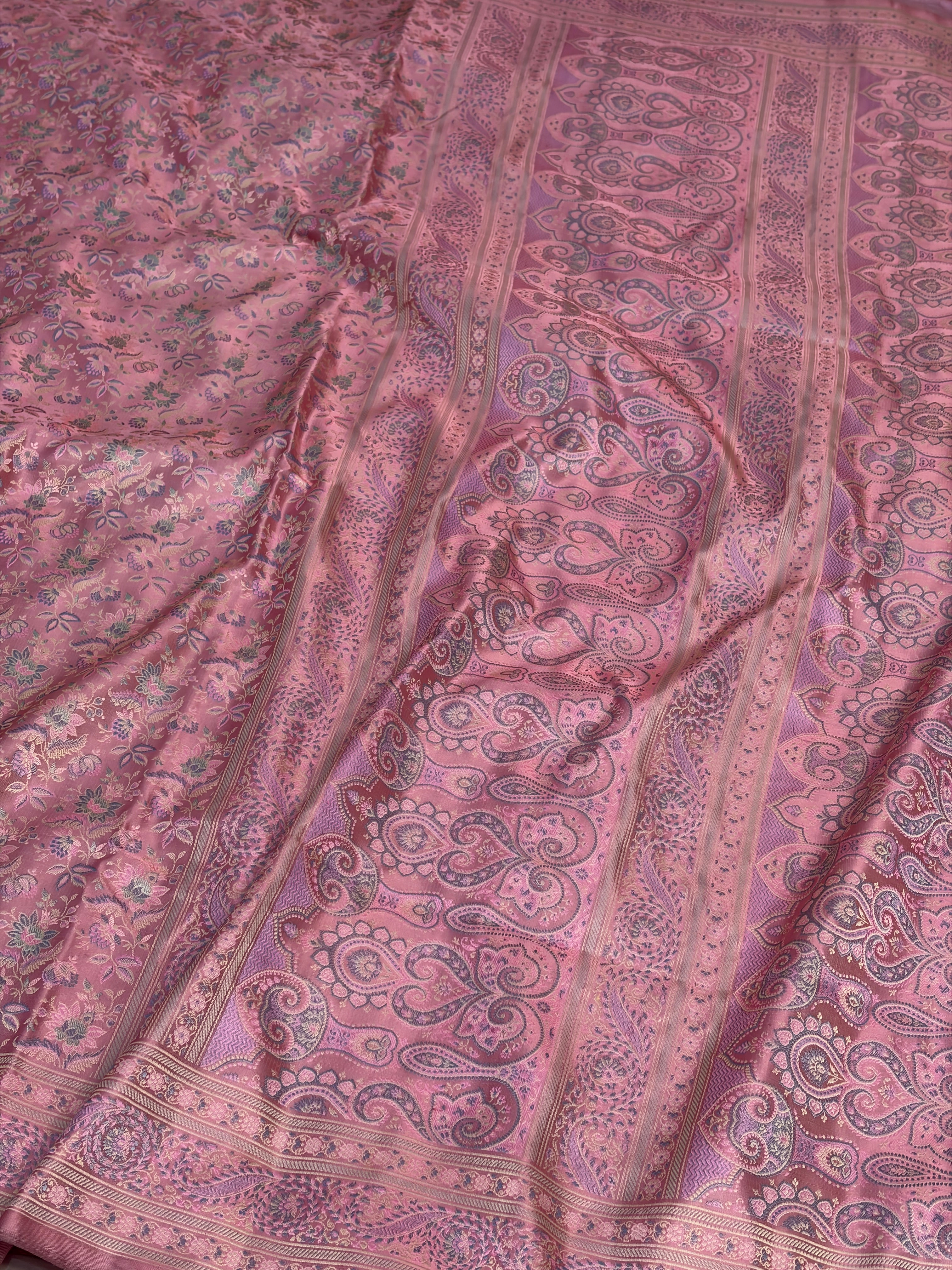 Peach Handwoven Pure Banarasi Satin Tanchoi Silk Saree