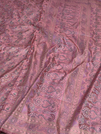 Peach Handwoven Pure Banarasi Satin Tanchoi Silk Saree