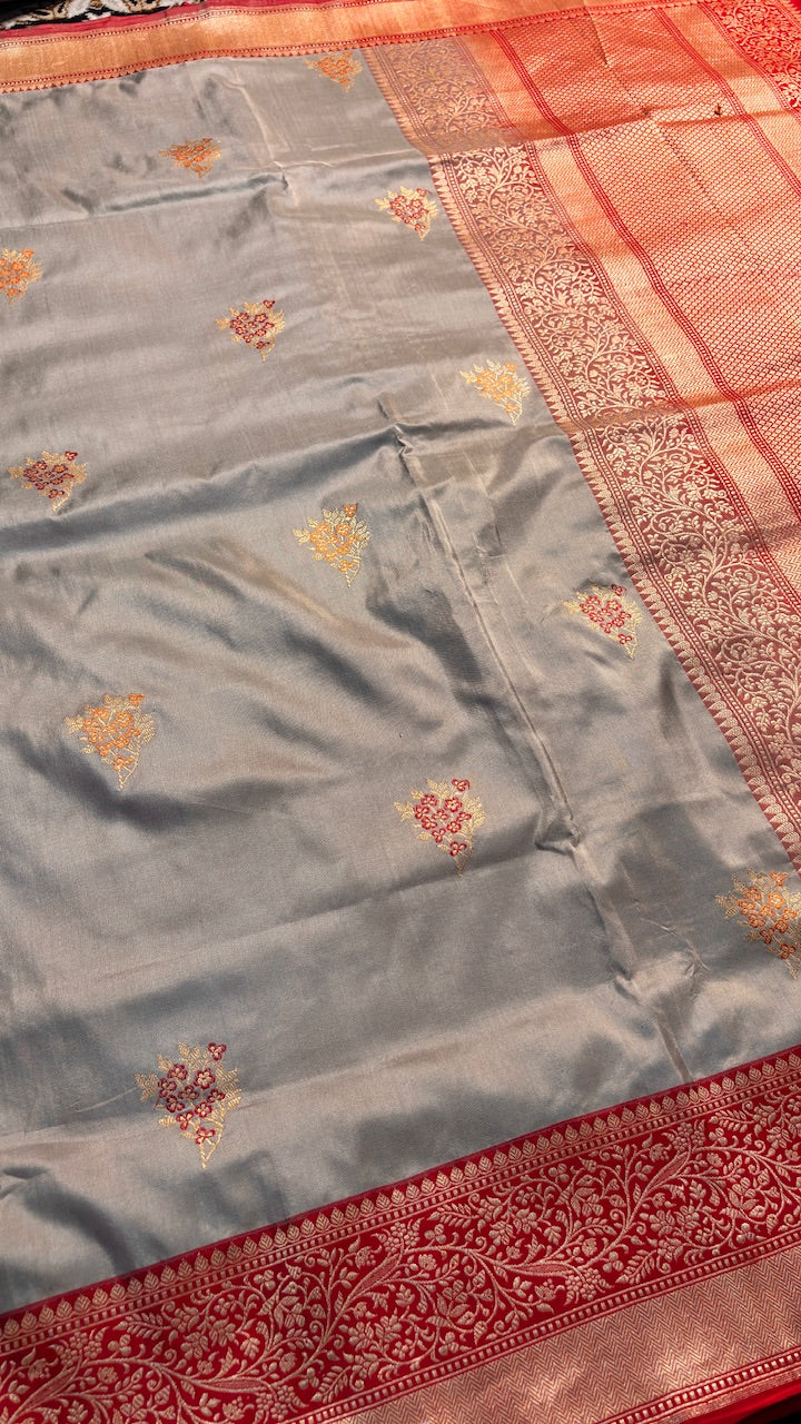 Grey Banarasi Katan Silk Handwoven Saree