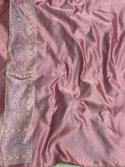 Peach Handwoven Pure Banarasi Satin Tanchoi Silk Saree