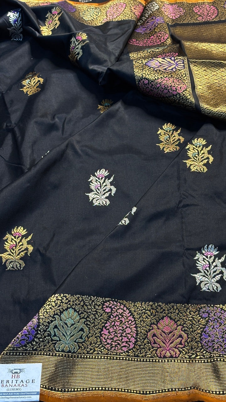 Black Banarasi Katan Silk Handwoven Saree