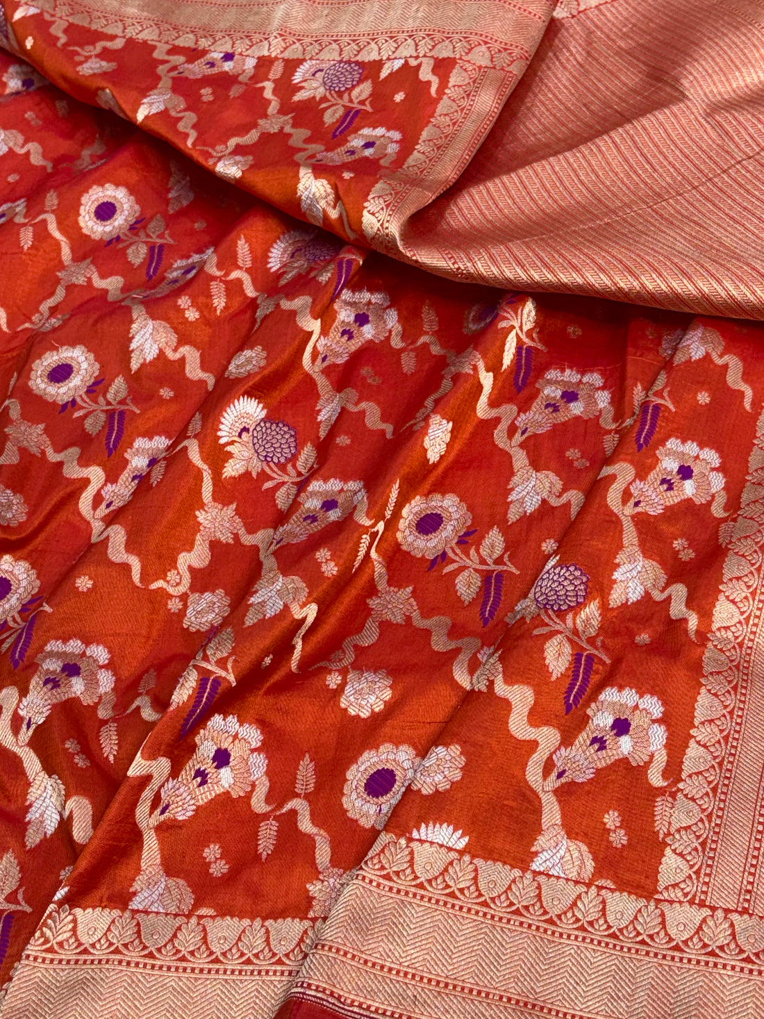 Orange Banarasi Meenakari Roopa Sona Jaal Weaving Saree