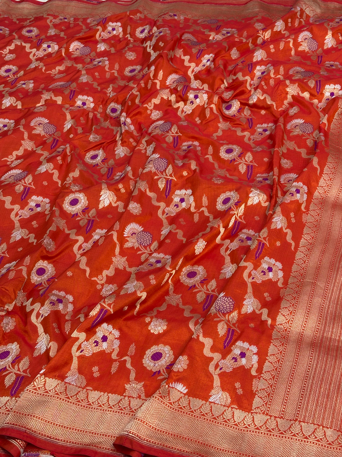 Orange Banarasi Meenakari Roopa Sona Jaal Weaving Saree