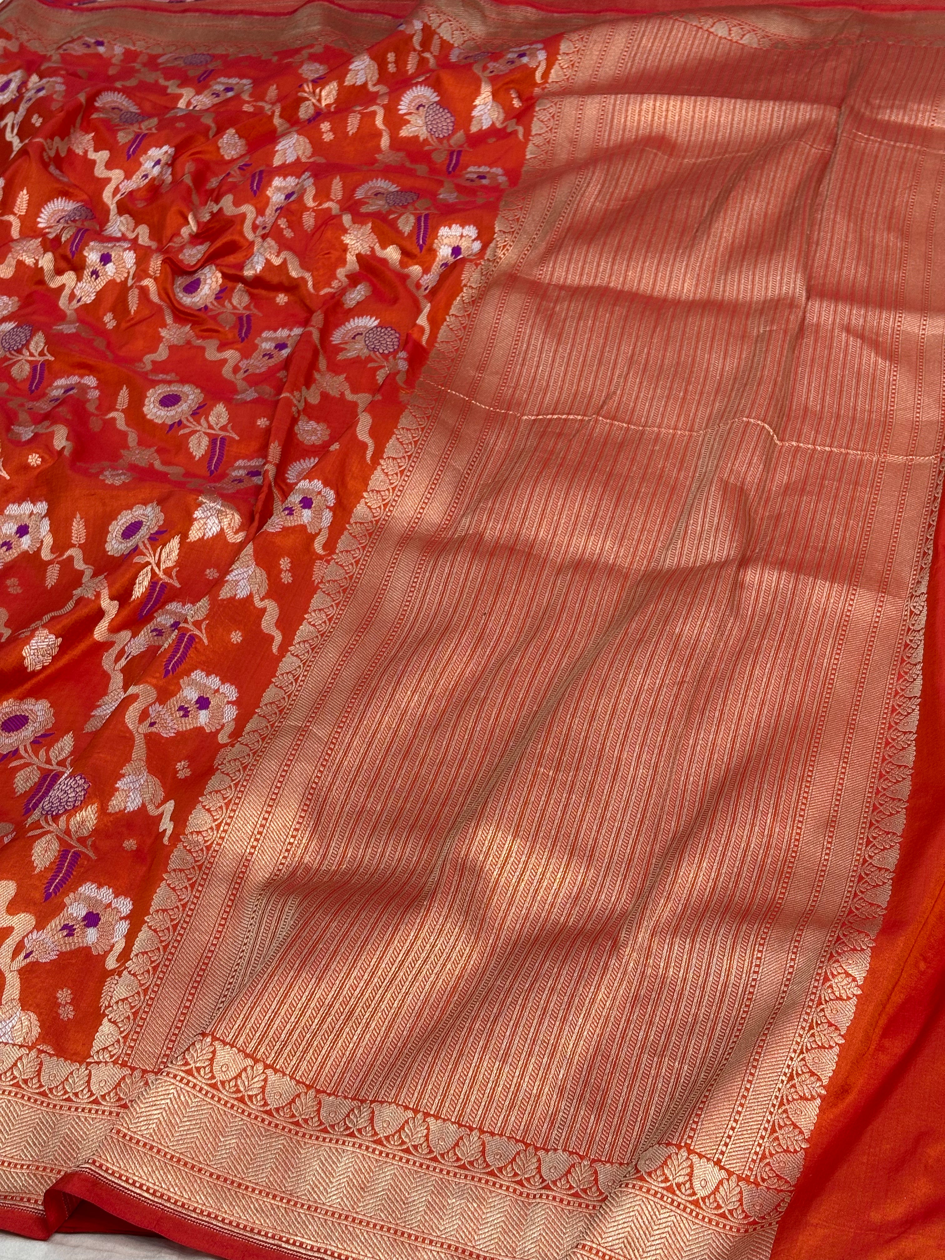Orange Banarasi Meenakari Roopa Sona Jaal Weaving Saree