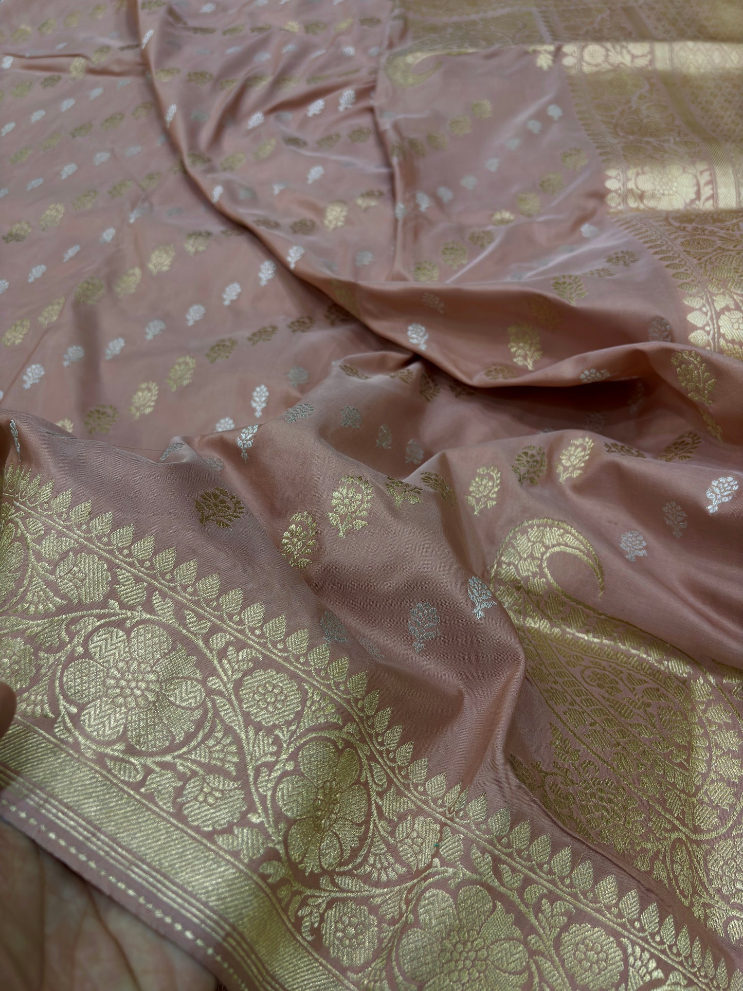 Pure Katan Silk Nilambari Buti Jaal Weaving Saree