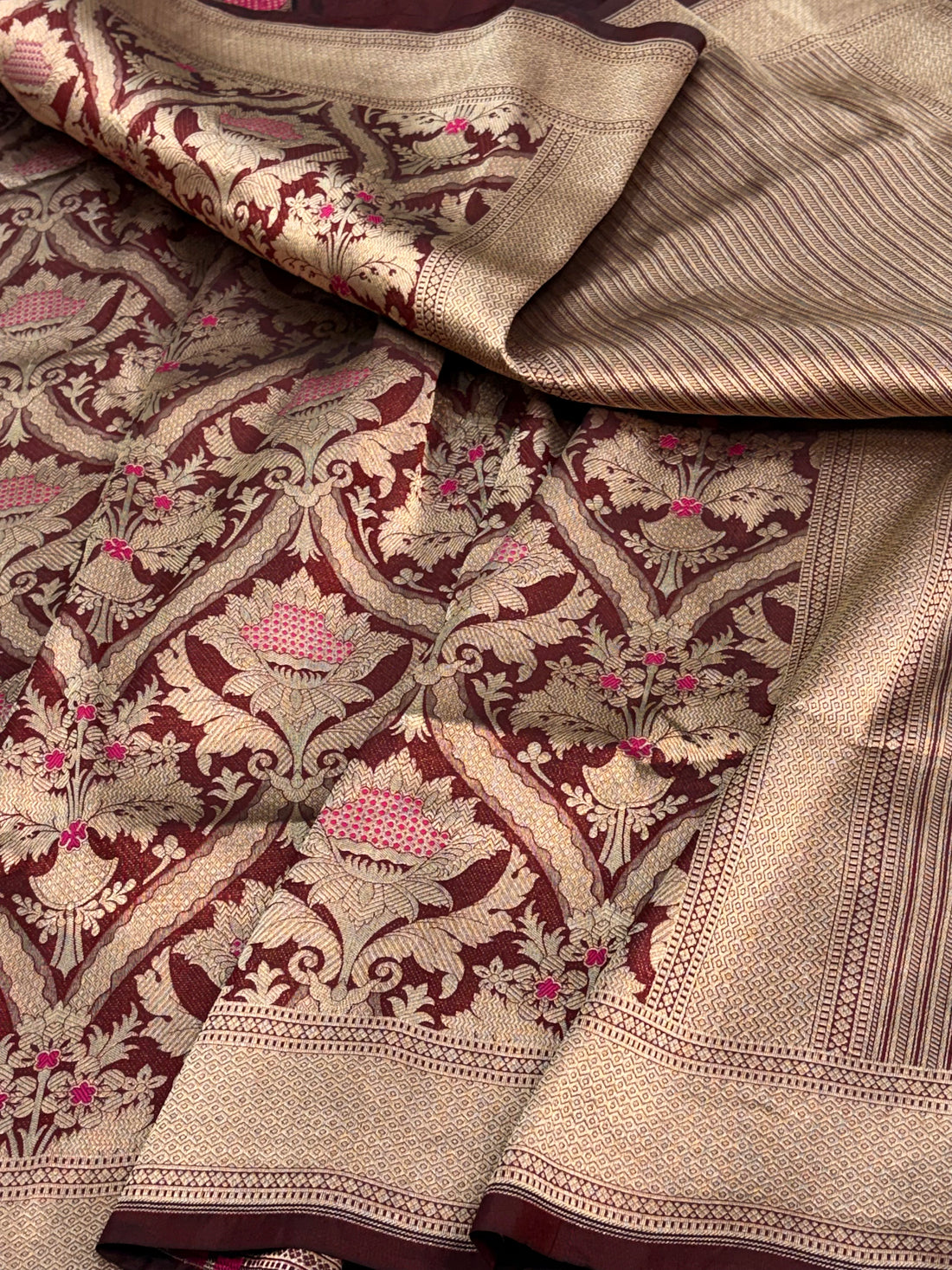 Wine Banarasi Pure Katan Silk Brocade Saree with Meenakari Work