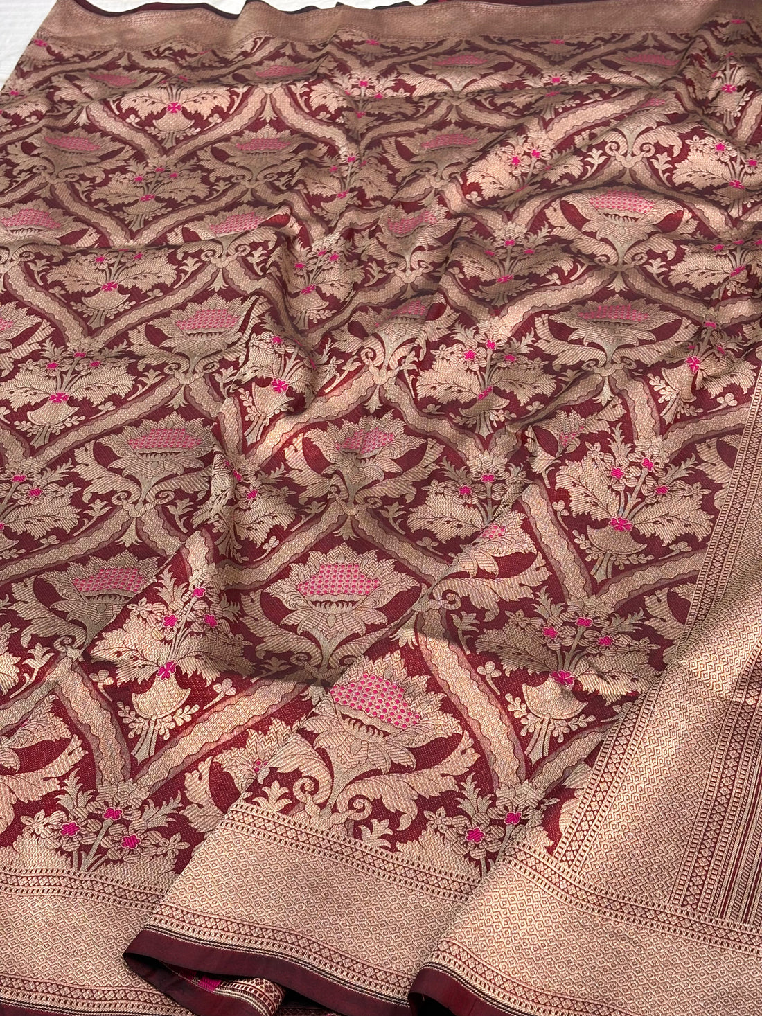 Wine Banarasi Pure Katan Silk Brocade Saree with Meenakari Work