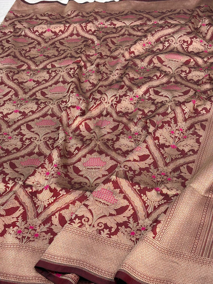 Wine Banarasi Pure Katan Silk Brocade Saree with Meenakari Work