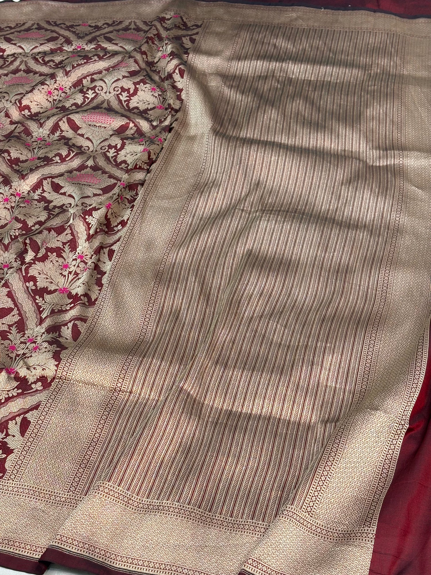 Wine Banarasi Pure Katan Silk Brocade Saree with Meenakari Work